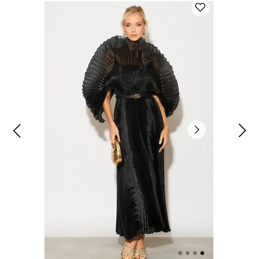 Pleated Long Dress With Organza Pleated Cape Sleeves In Black - Picture 2 of 2